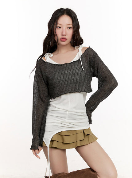 sheer-knit-long-sleeve-crop-top-cm510 / Dark gray