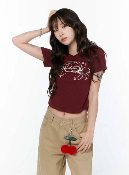 floral-print-crop-tee-cy515 / Dark red
