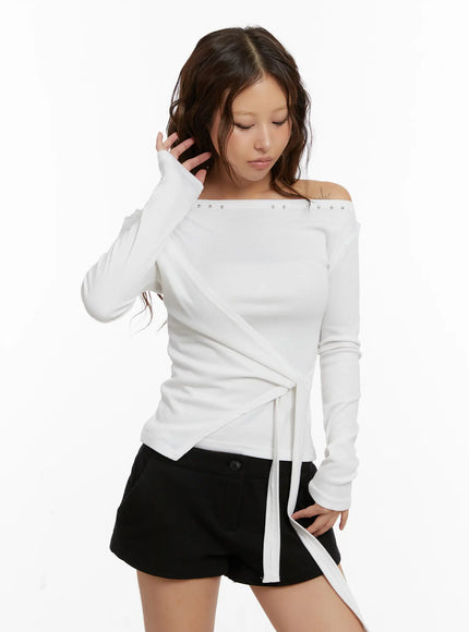 studded-off-shoulder-wrap-tie-long-sleeve-top-cd515
