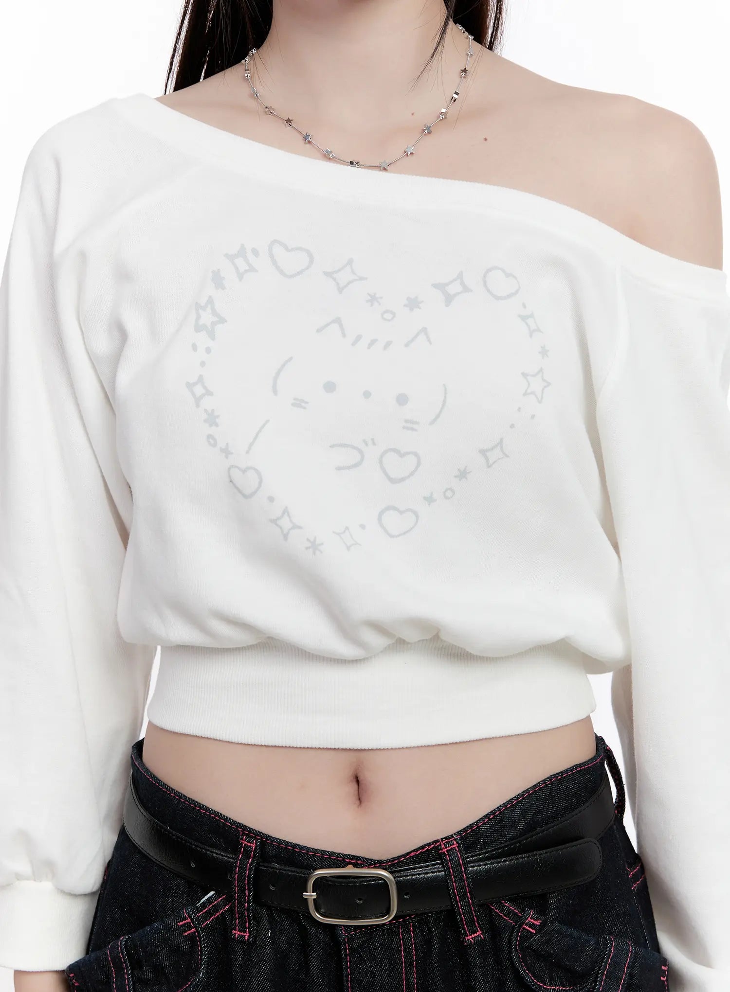 Cat Print Off-Shoulder Cropped Sweatshirt CO501