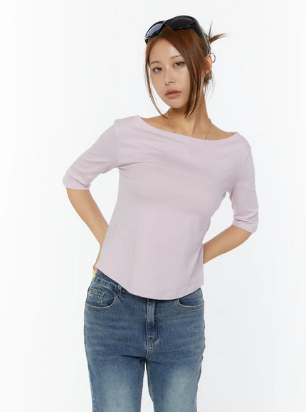 minimalist-3-4-sleeve-boat-neck-top-cy520 / Light pink
