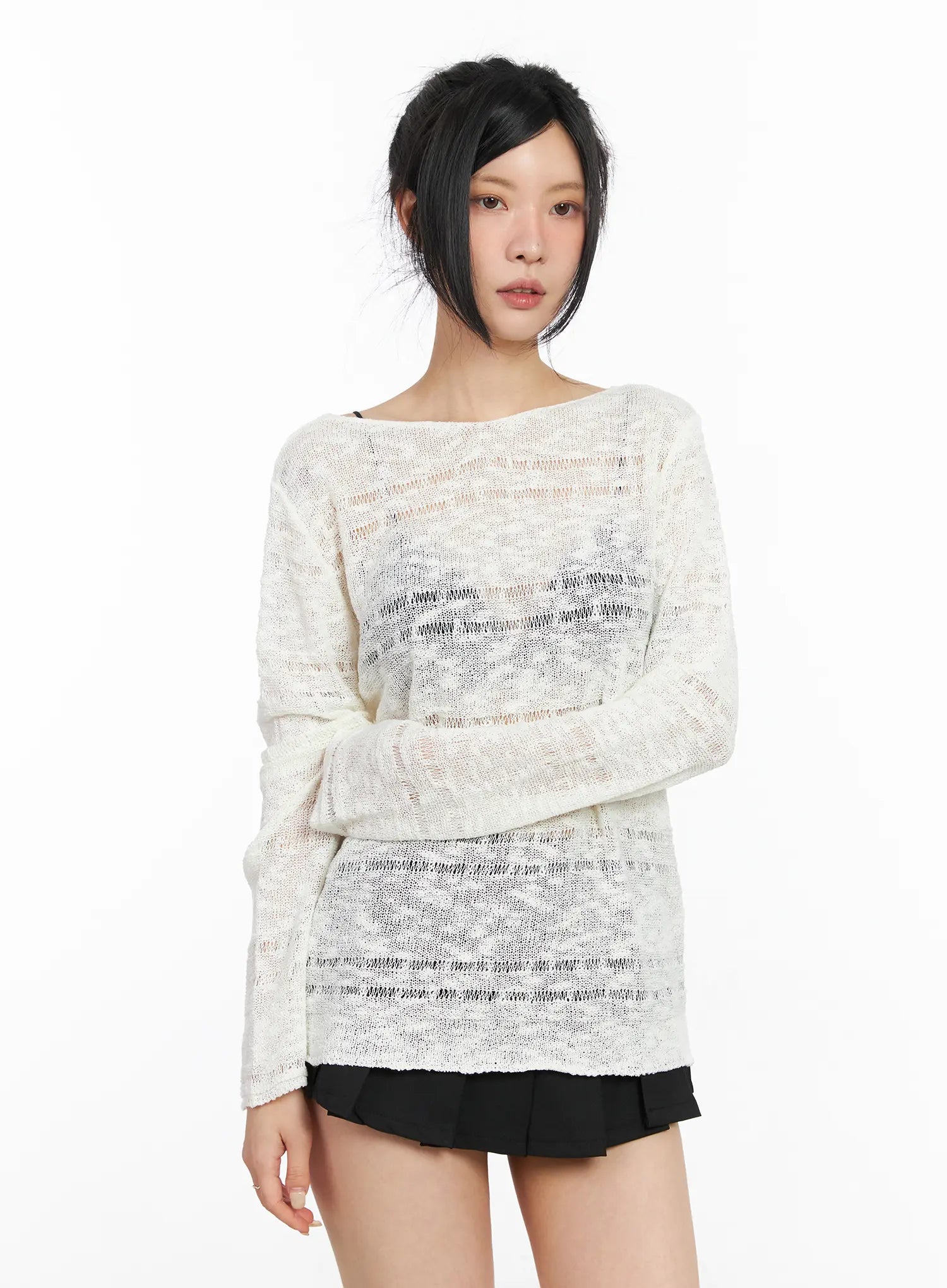sheer-boat-neck-long-sleeve-knit-top-cm517 / White