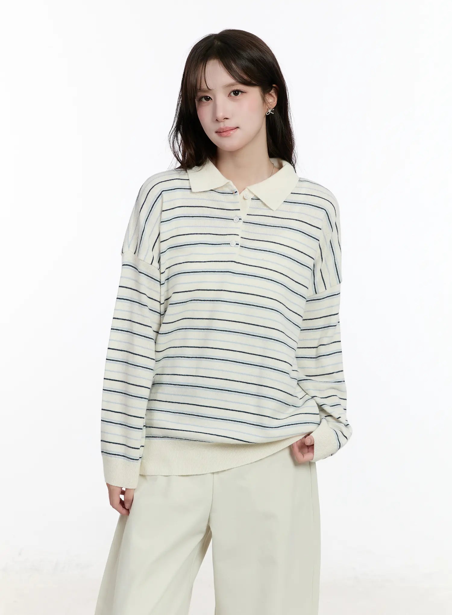 oversized-striped-collar-knit-top-cm510 / White