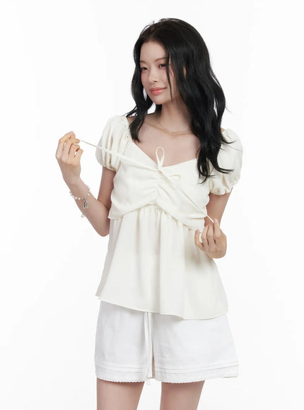 chiffon-ruched-puff-sleeve-blouse-ca510 / White