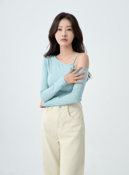 Unbalance Thin Strap Off-Shoulder T-Shirt IO24