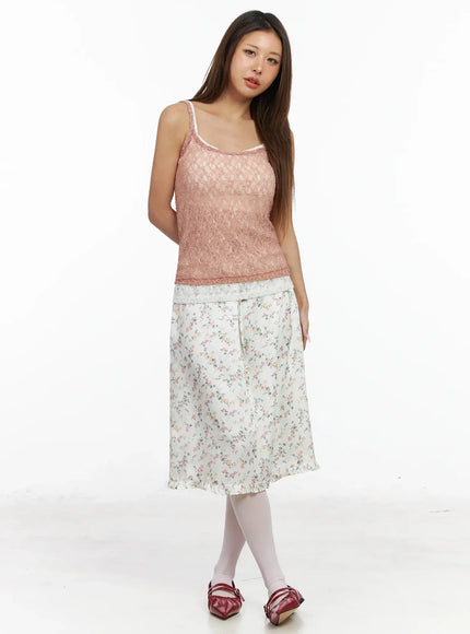 Floral Satin Ruffle Hem Midi Skirt IA527