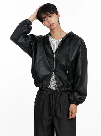 Men's Faux Leather Track Hooded Jacket IO517