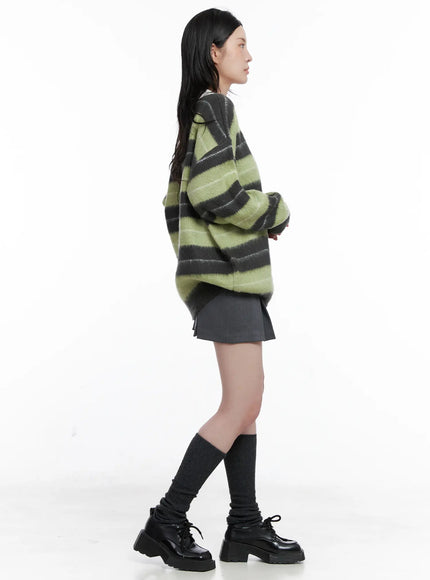 Striped Fuzzy Collared Knit Sweater CS529