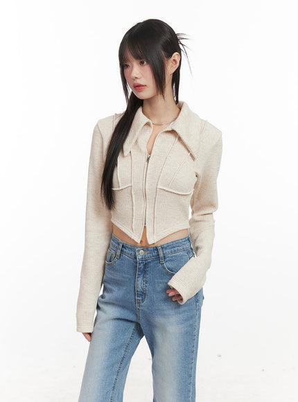 Zip-Up Collared Long-Sleeve Crop Top CJ523