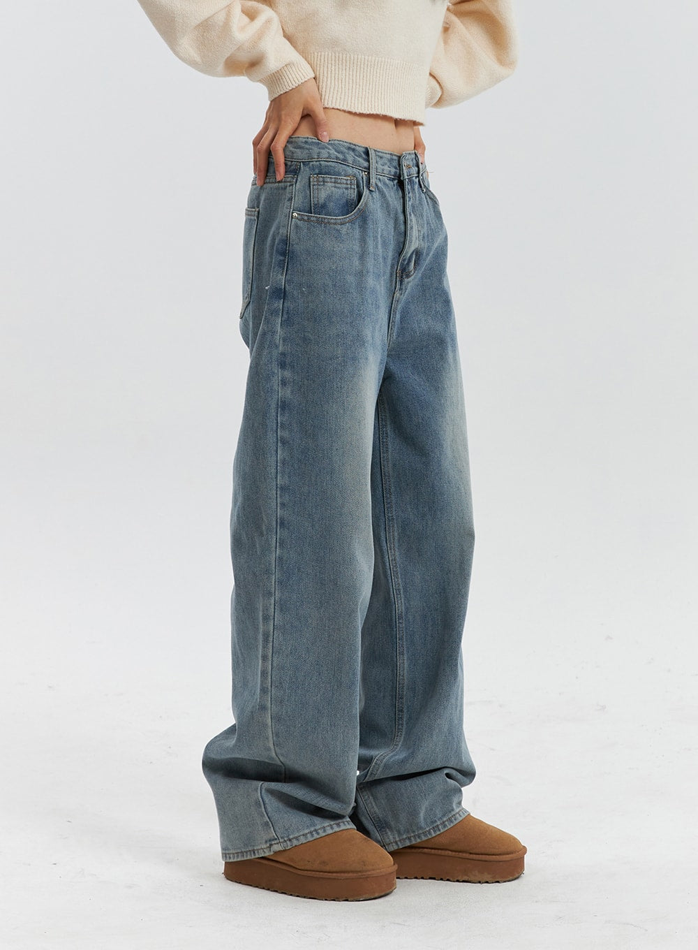 OD320 Jeans Button Waist Mid Washed Wide Leg