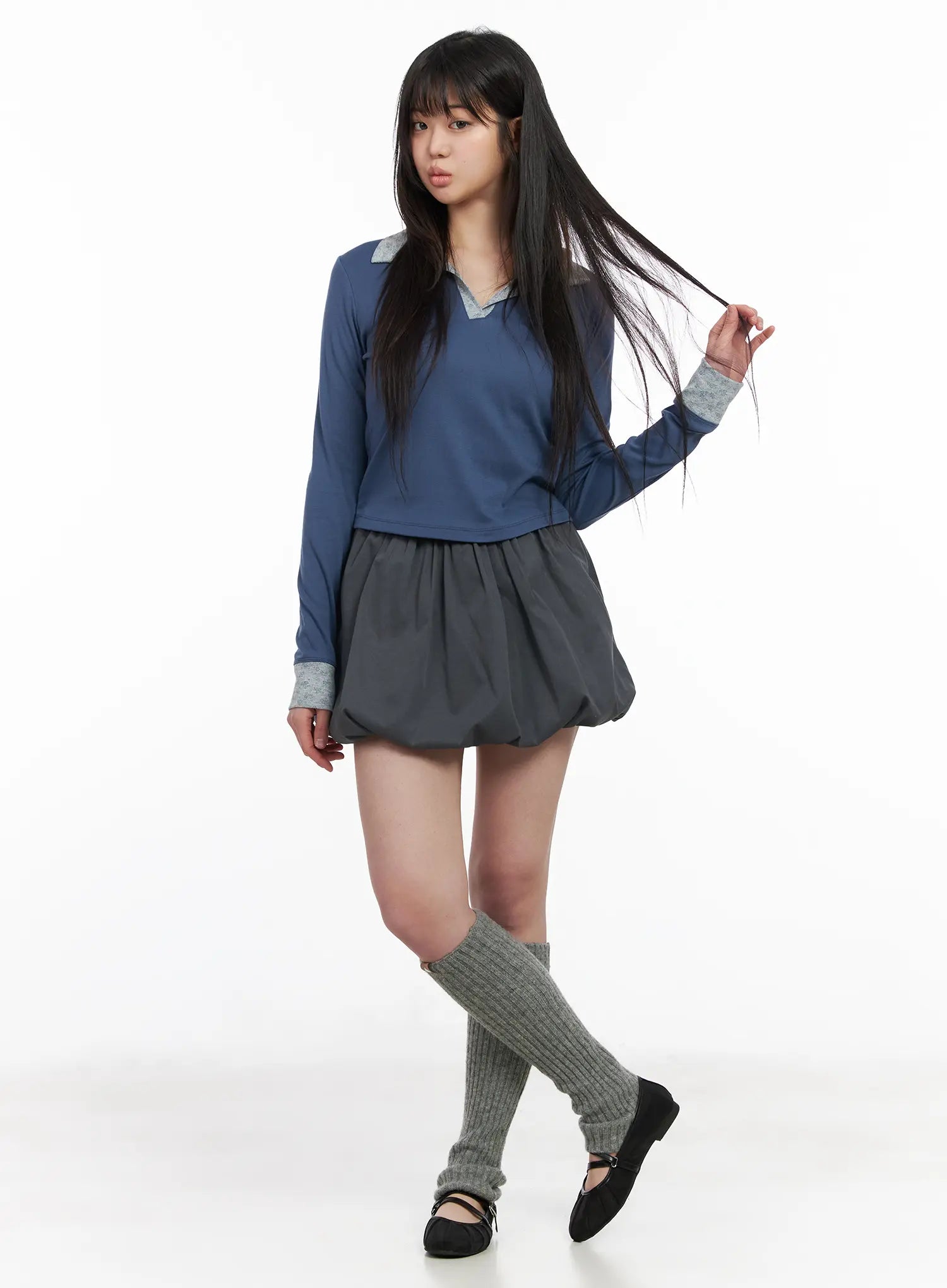 Two-Tone Collar Floral Long Sleeve Tee CM513