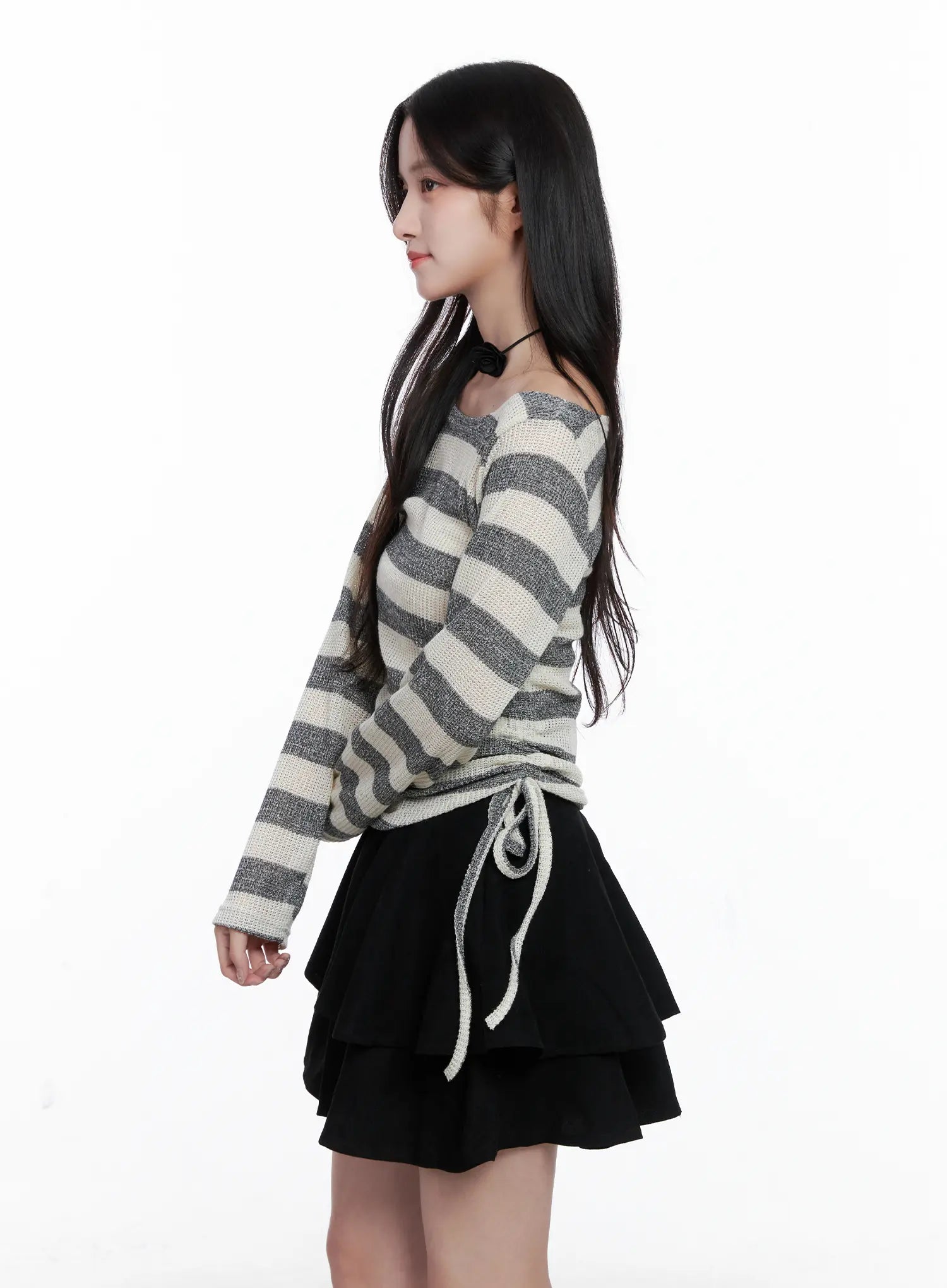 Striped Ruched Wide Neck Top CS523