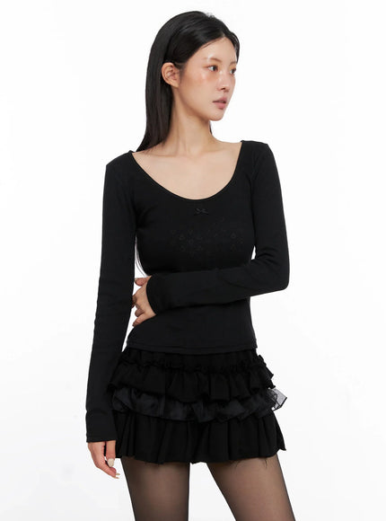 Scoop Neck Ribbed Long Sleeve Top IS508