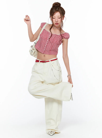 frill-trimmed-gingham-short-sleeve-blouse-ca514