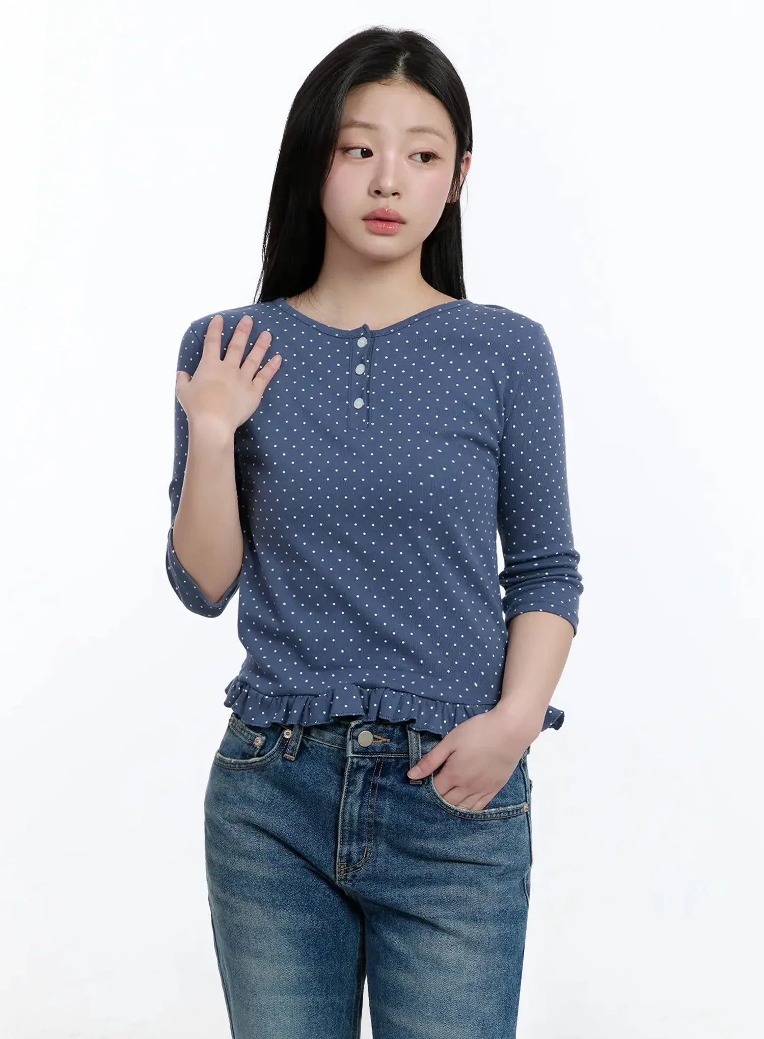 polka-dot-frill-hem-3-4-sleeve-top-im513