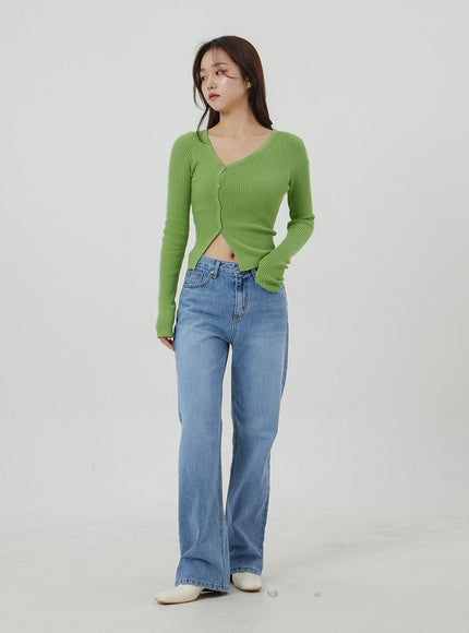 Unbalanced Ribbed Knit Button Cropped Top OJ319