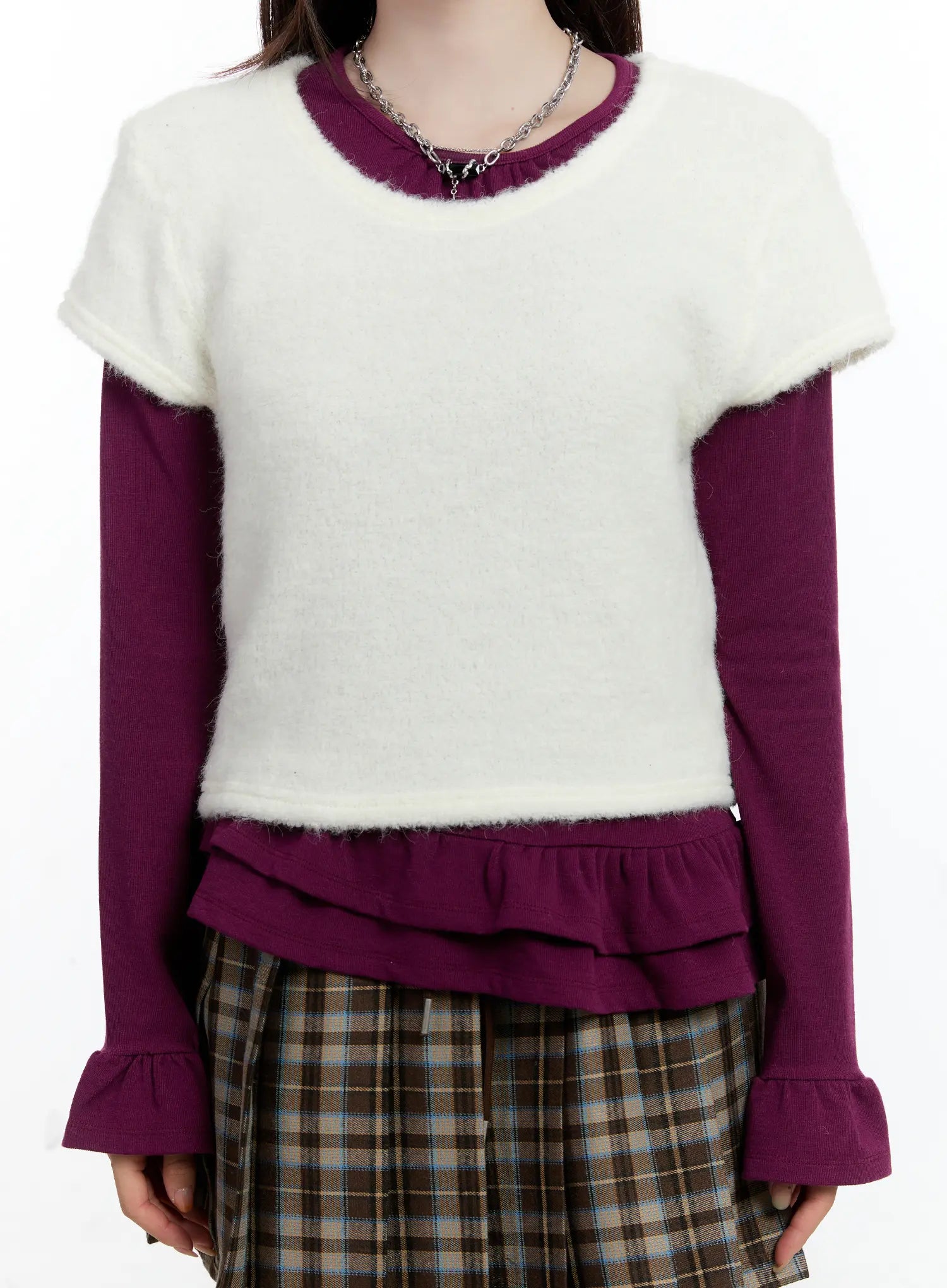 layered-fur-trim-short-sleeve-top-cn525