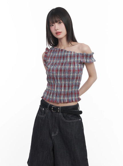 plaid-frill-one-shoulder-crop-top-cu519