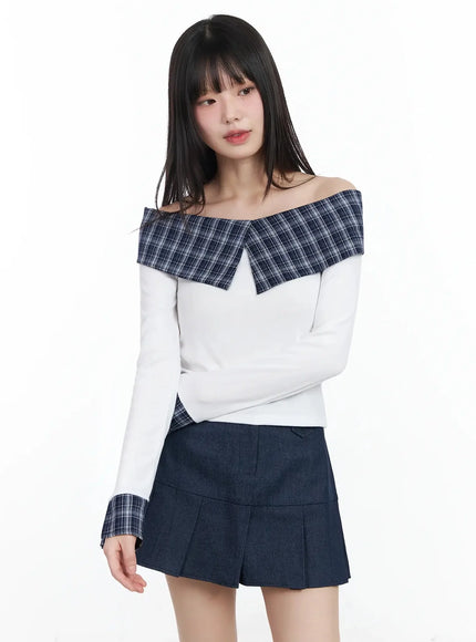 Plaid Off-Shoulder Long Sleeve Top IM523