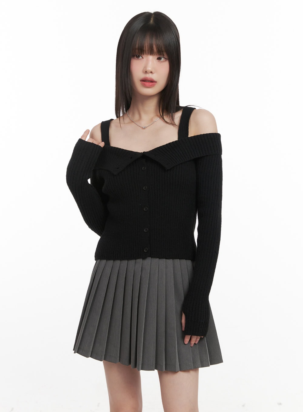 Ribbed Button-Down Off-Shoulder Sweater CJ528