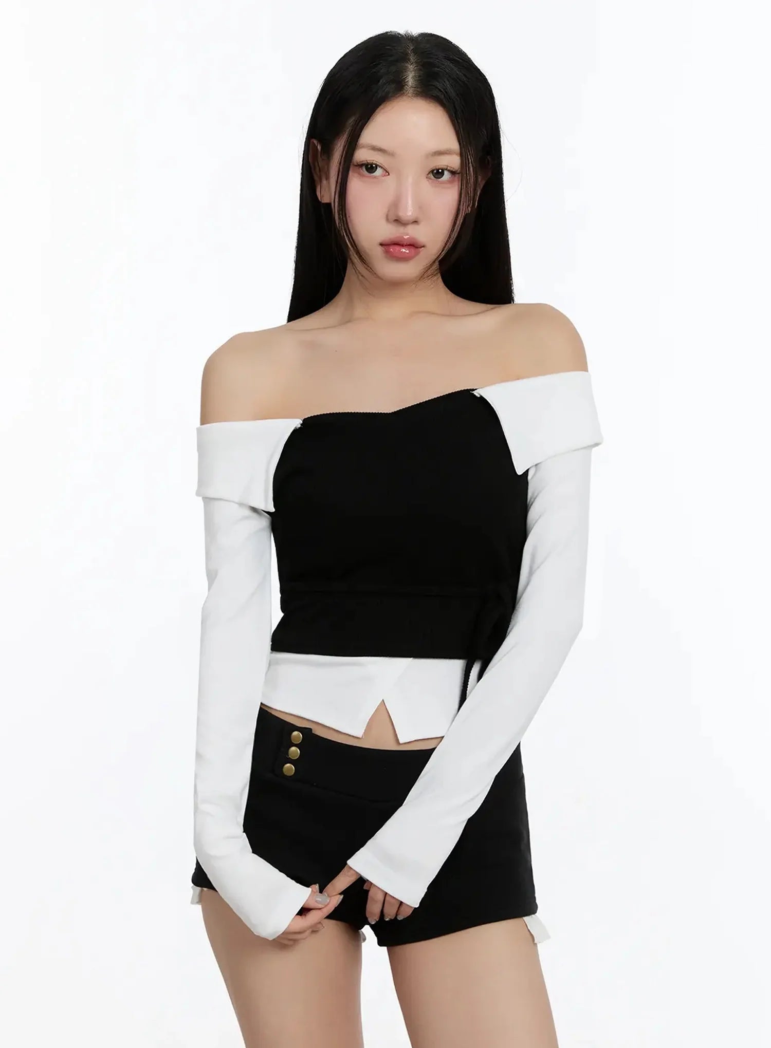 Ribbon-Tie Collared Off-Shoulder Top IM509