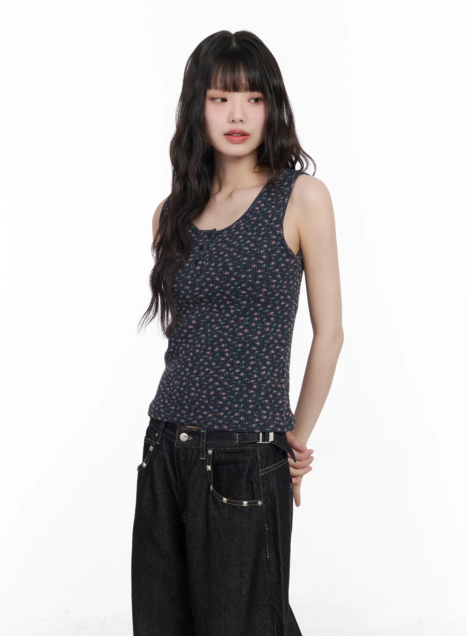 ribbed-floral-tank-top-cm526 / Dark blue