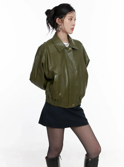 vegan-faux-leather-zip-up-jacket-cs512 / Dark green