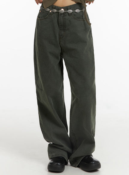 washed-wide-fit-pants-cj416 / Dark green