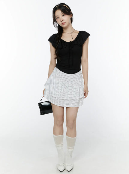 Frill Ribbon V-Neck Off-Shoulder Top IY507