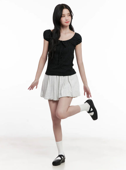 polka-dot-puff-sleeve-ribbon-top-cl516
