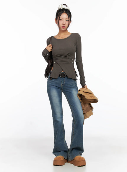 Ribbed U-Neck Button Detail Long Sleeve Top CO514