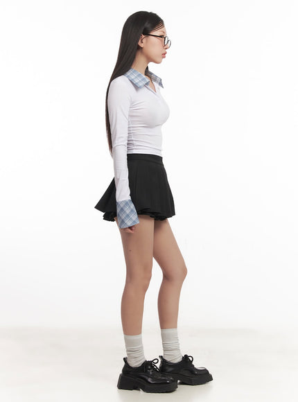 checkered-collar-long-sleeve-crop-top-cm531