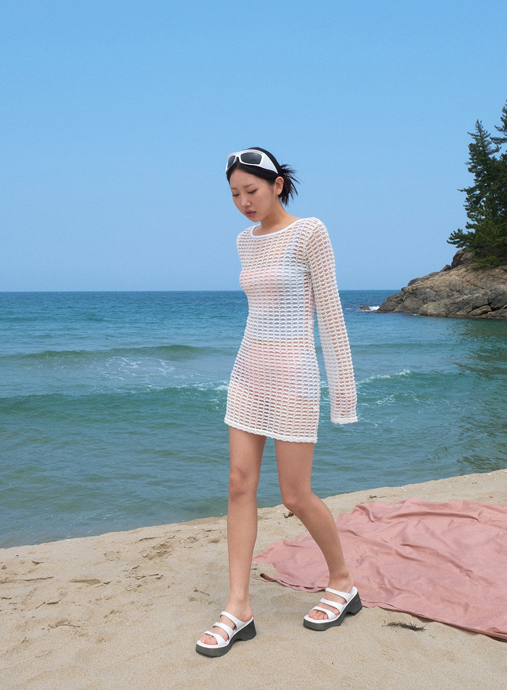 Long Sleeve Fishnet Beach Dress