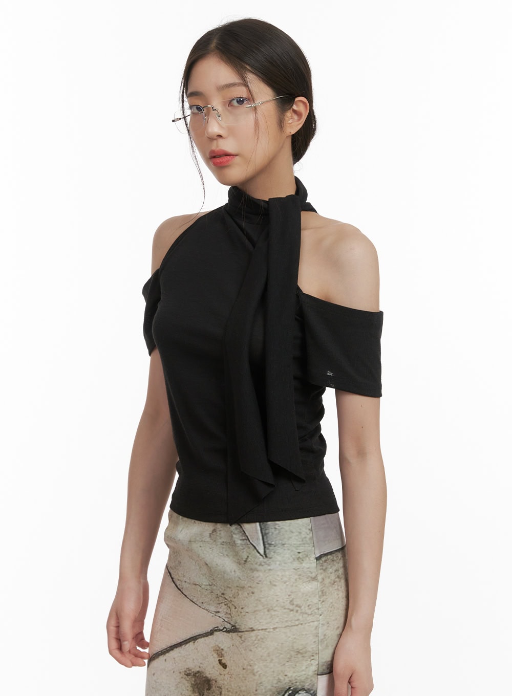 tie-neck-cut-out-shoulder-blouse-cy416