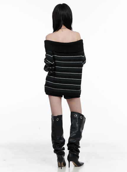 Striped Off-Shoulder Sweater and Shorts Set CS529
