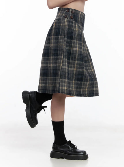 Plaid Button Detail Flare Midi Skirt CJ520