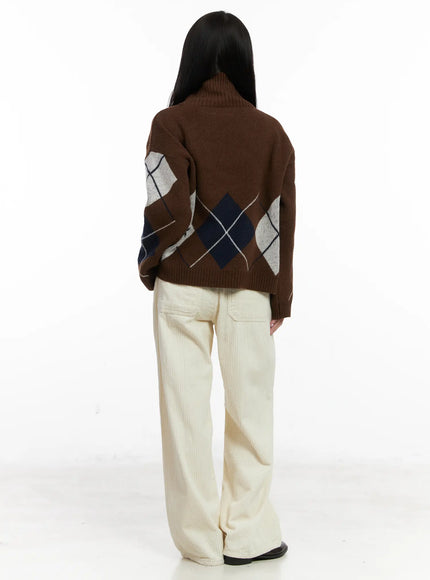 Argyle Turtleneck Knit Sweater CN526