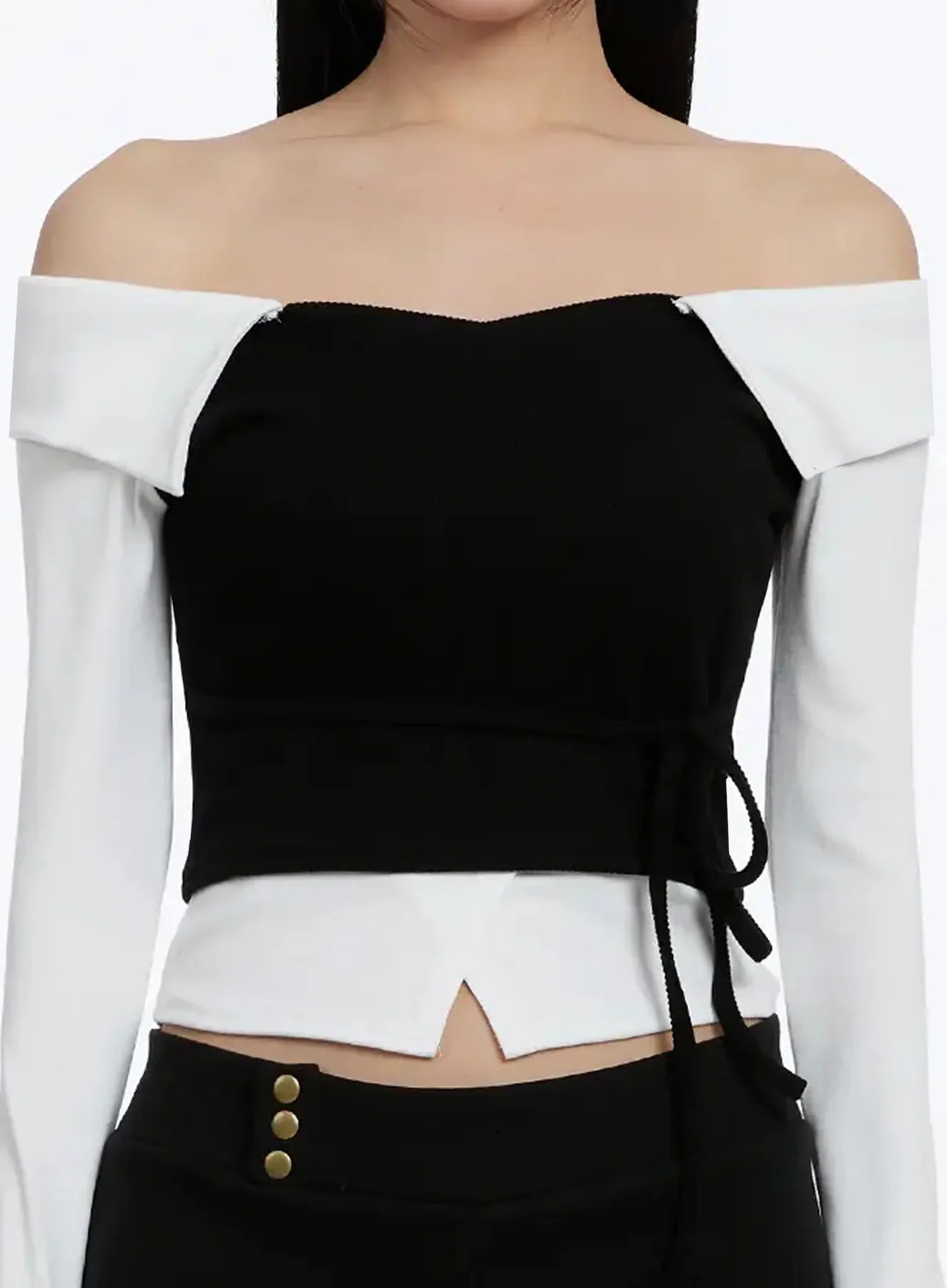 Ribbon-Tie Collared Off-Shoulder Top IM509