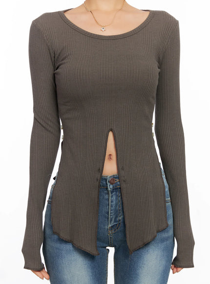 Ribbed U-Neck Button Detail Long Sleeve Top CO514