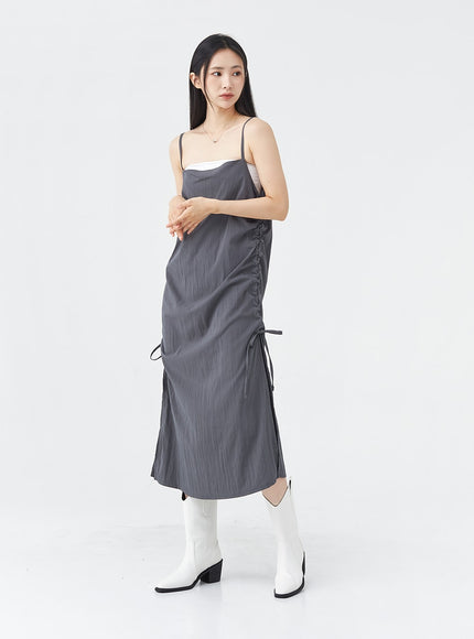 Side Shirring Sleeveless Strap Maxi Dress OG12