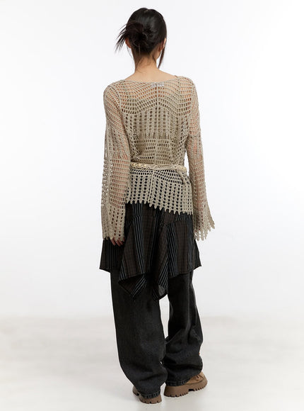Mesh Knit Sweater with Belt and Tank Top CA508