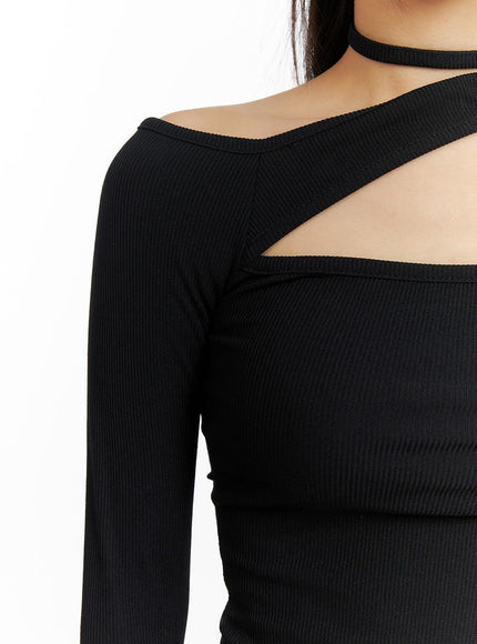 solid-asymmetrical-neck-cut-out-long-sleeve-top-cm411