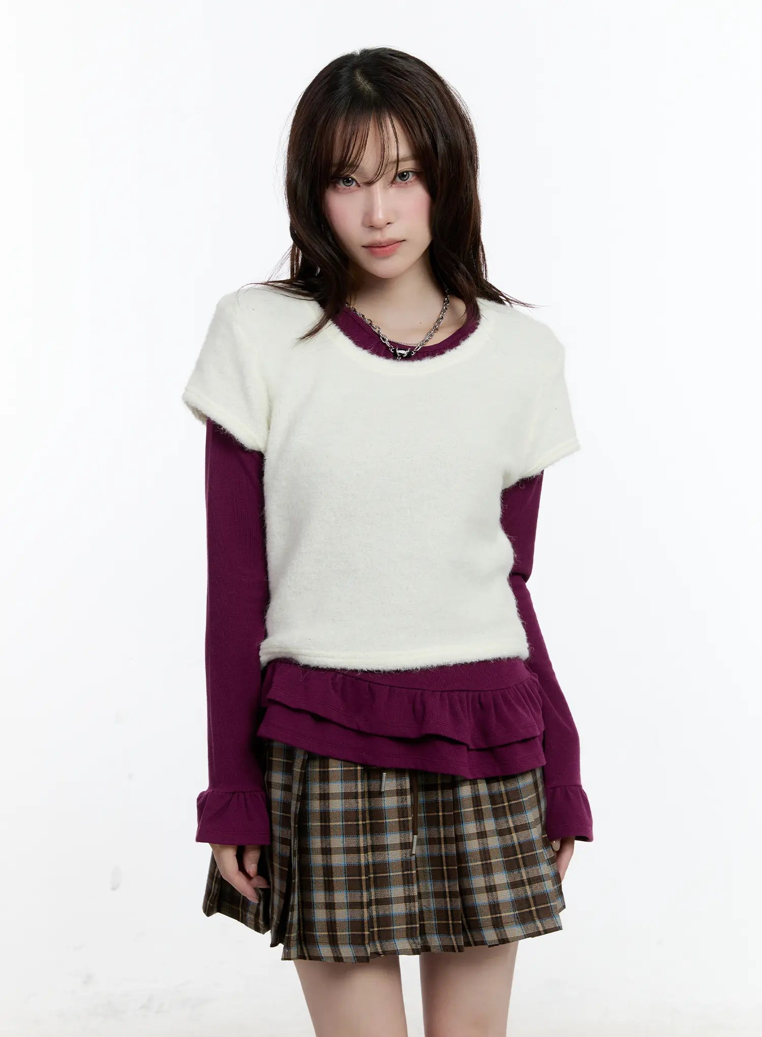 layered-fur-trim-short-sleeve-top-cn525