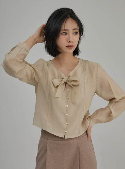 Ribbon Detail Button Cropped Blouse OJ304