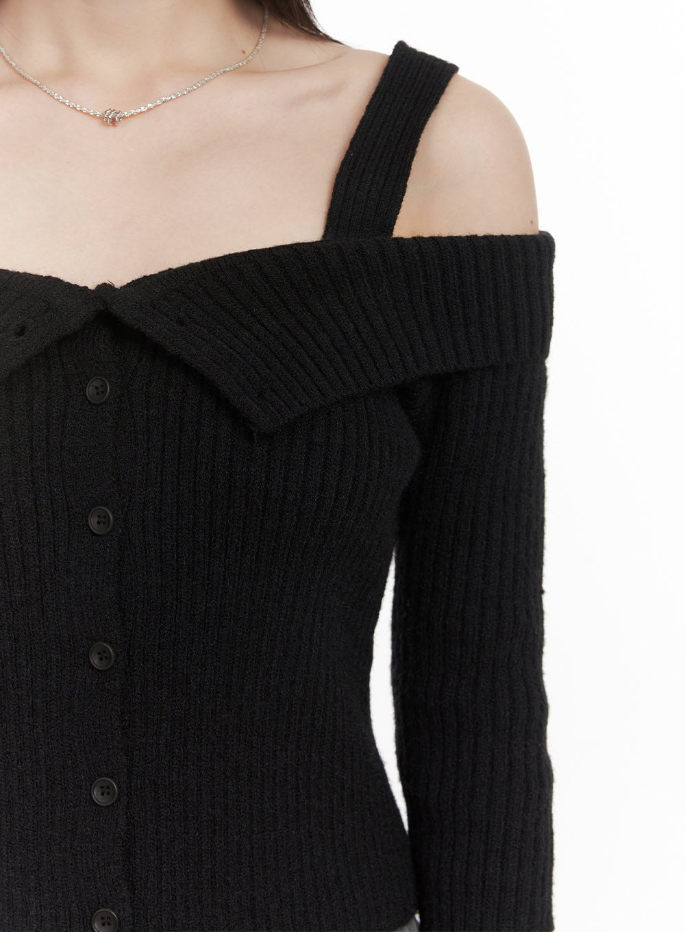 Ribbed Button-Down Off-Shoulder Sweater CJ528