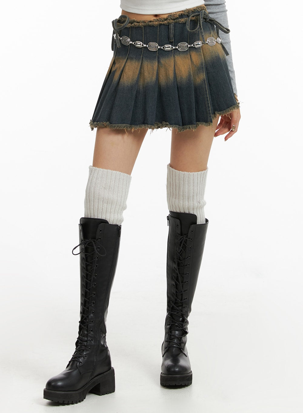 denim-washed-raw-hem-pleated-knotted-mini-skirt-cj412 / Dark blue