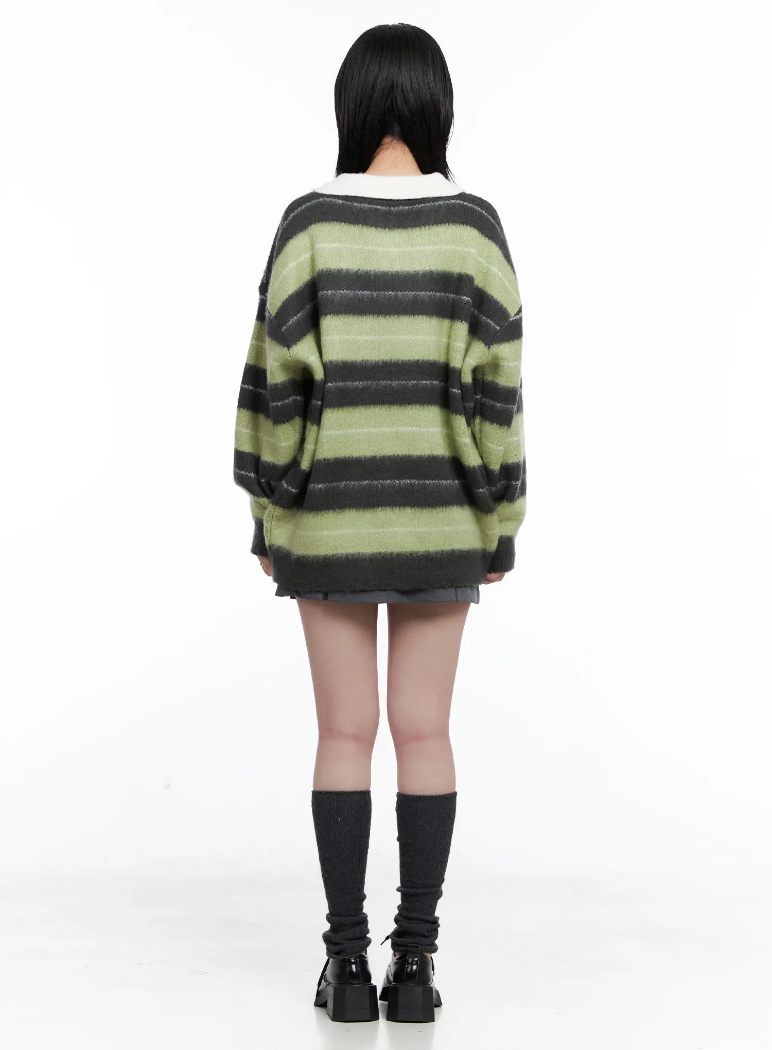 Striped Fuzzy Collared Knit Sweater CS529
