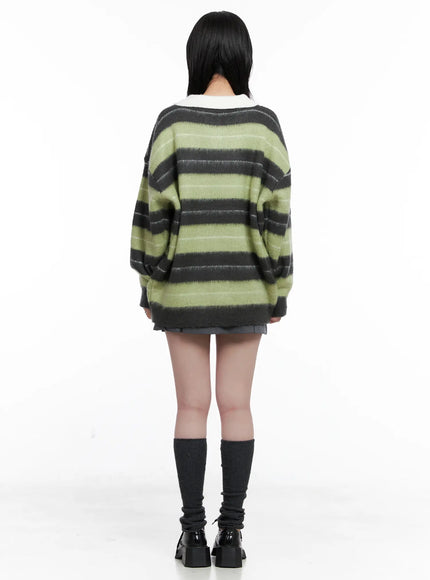 Striped Fuzzy Collared Knit Sweater CS529