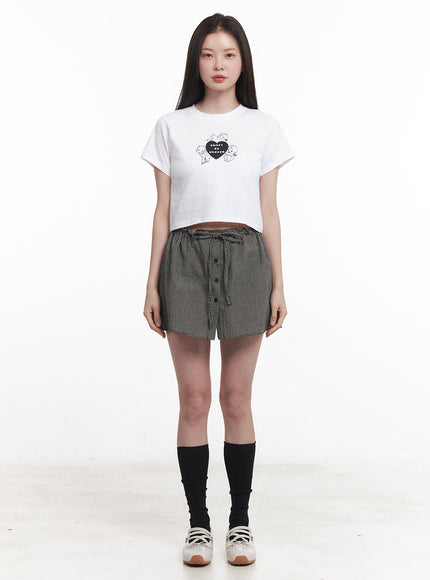 checkered-ribbon-button-mini-skirt-iy513