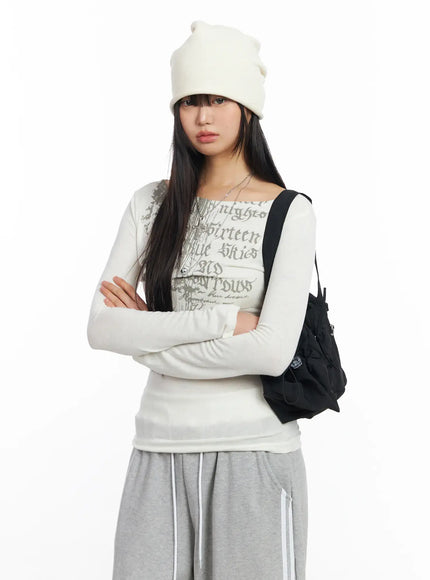 Edgy Boat Neck Graphic Long Sleeve Tee CF506